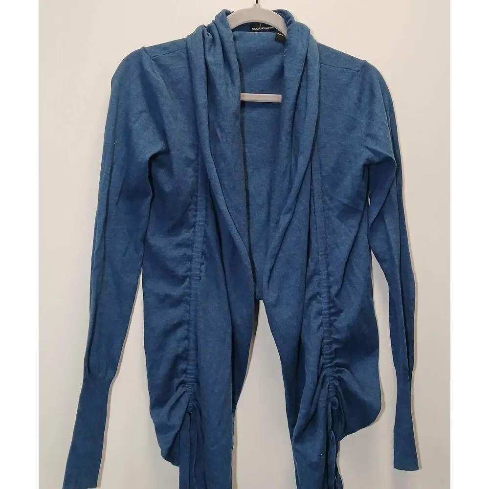 Moda int womens small cobalt blue cotton cashmere sweater cardigan ruched